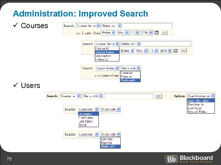 Administration: Improved Search ü Courses ü Users 76 