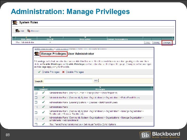 Administration: Manage Privileges 85 