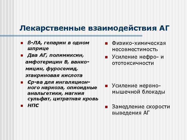 Лекарственные взаимодействия АГ n n ß-ЛА, гепарин в одном шприце Два АГ, полимиксин, амфотерицин