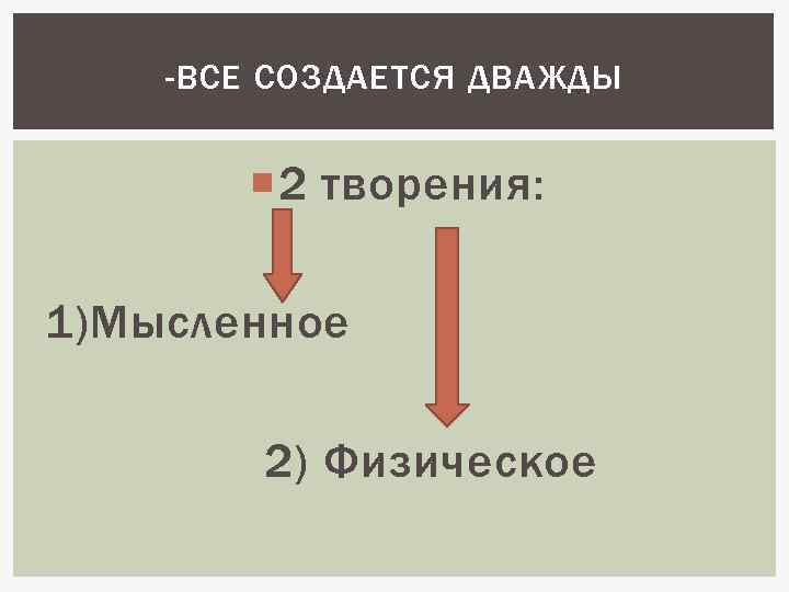 -ВСЕ СОЗДАЕТСЯ ДВАЖДЫ 2 творения: 1)Мысленное 2) Физическое 