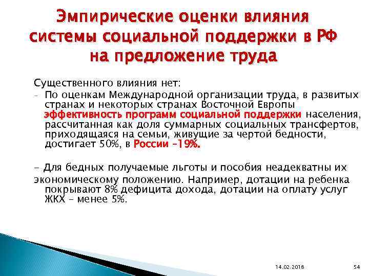 Эмпирические оценки влияния системы социальной поддержки в РФ на предложение труда Существенного влияния нет: