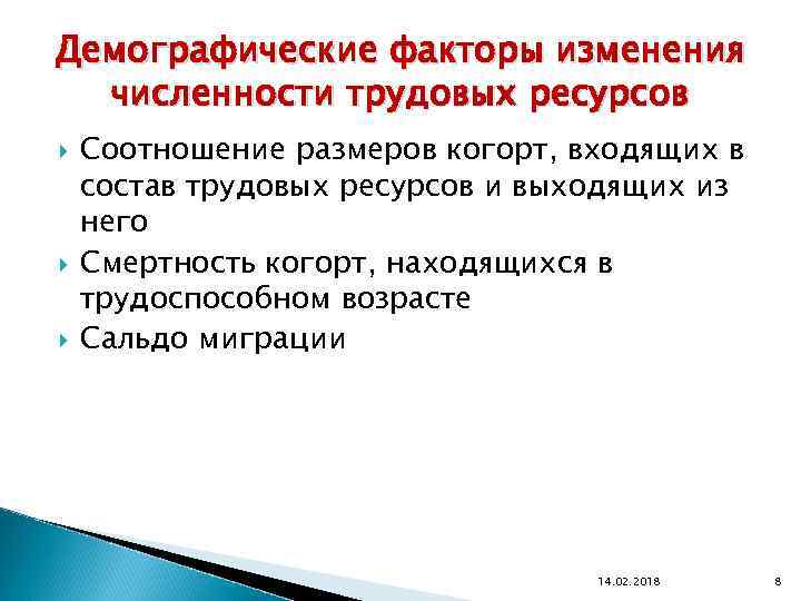 Демографические факторы изменения численности трудовых ресурсов Соотношение размеров когорт, входящих в состав трудовых ресурсов