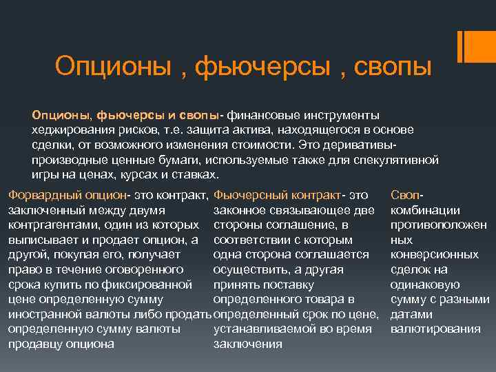Опционы , фьючерсы , свопы Опционы, фьючерсы и свопы- финансовые инструменты хеджирования рисков, т.