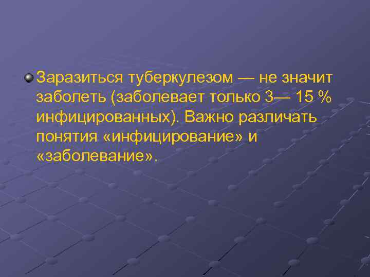 Заразиться туберкулезом — не значит заболеть (заболевает только 3— 15 % инфицированных). Важно различать