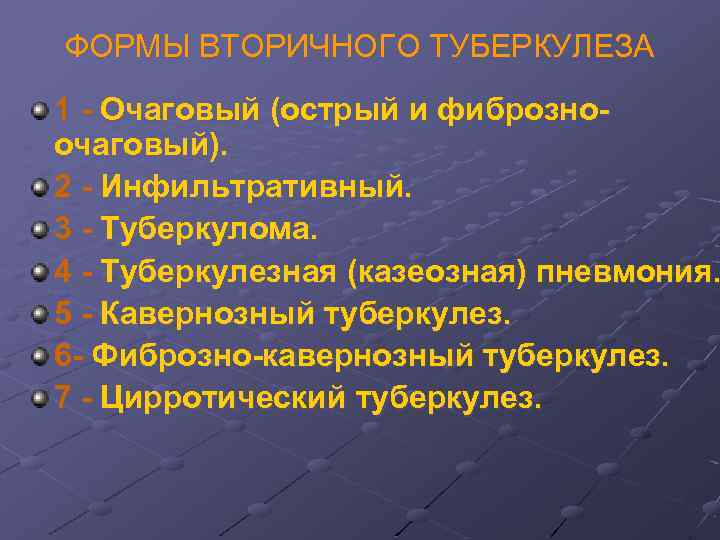 ФОРМЫ ВТОРИЧНОГО ТУБЕРКУЛЕЗА 1 - Очаговый (острый и фиброзноочаговый). 2 - Инфильтративный. 3 -