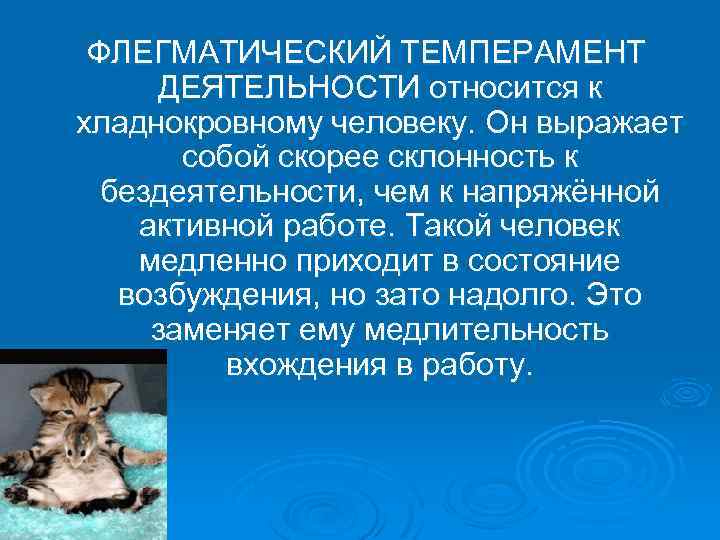 ФЛЕГМАТИЧЕСКИЙ ТЕМПЕРАМЕНТ ДЕЯТЕЛЬНОСТИ относится к хладнокровному человеку. Он выражает собой скорее склонность к бездеятельности,