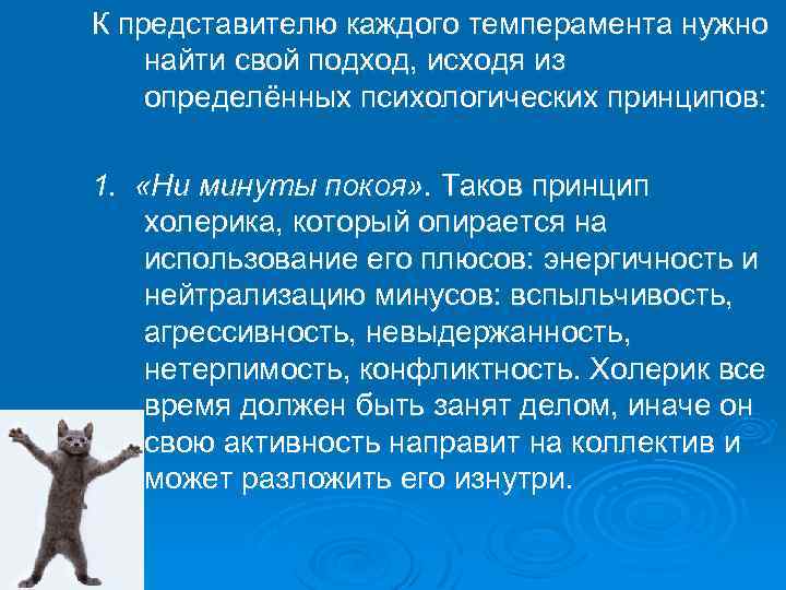 К представителю каждого темперамента нужно найти свой подход, исходя из определённых психологических принципов: 1.