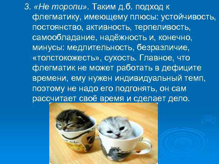 3. «Не торопи» . Таким д. б. подход к флегматику, имеющему плюсы: устойчивость, постоянство,