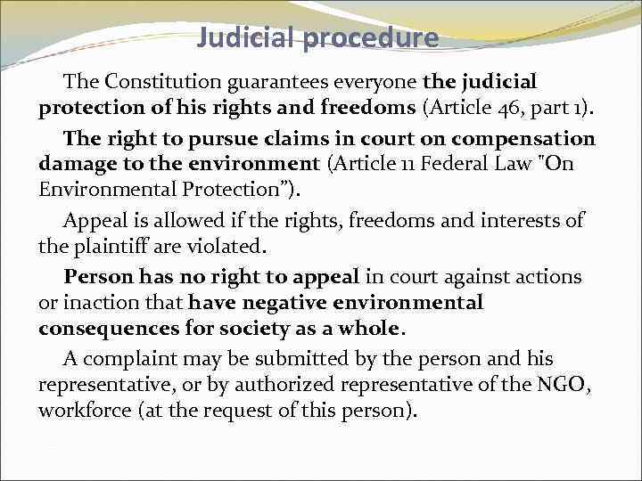 Judicial procedure The Constitution guarantees everyone the judicial protection of his rights and freedoms