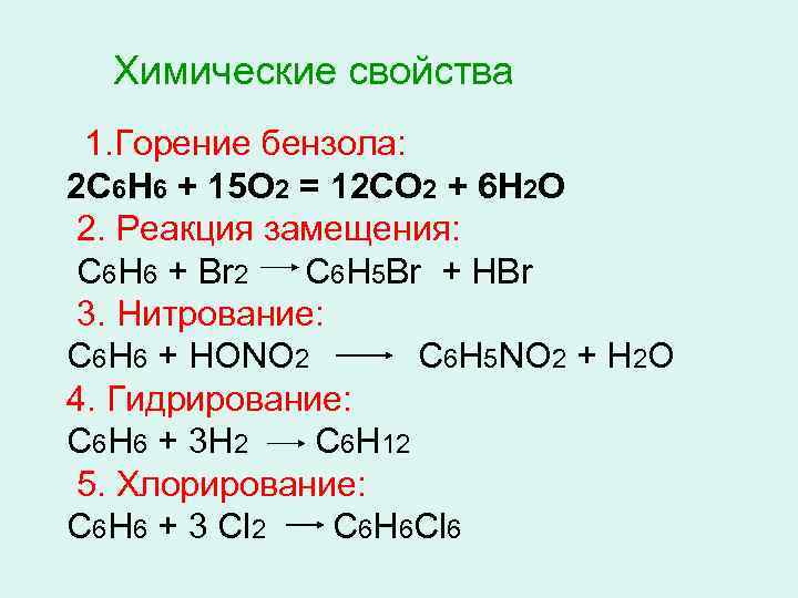 Химические свойства 1. Горение бензола: 2 С 6 Н 6 + 15 О 2