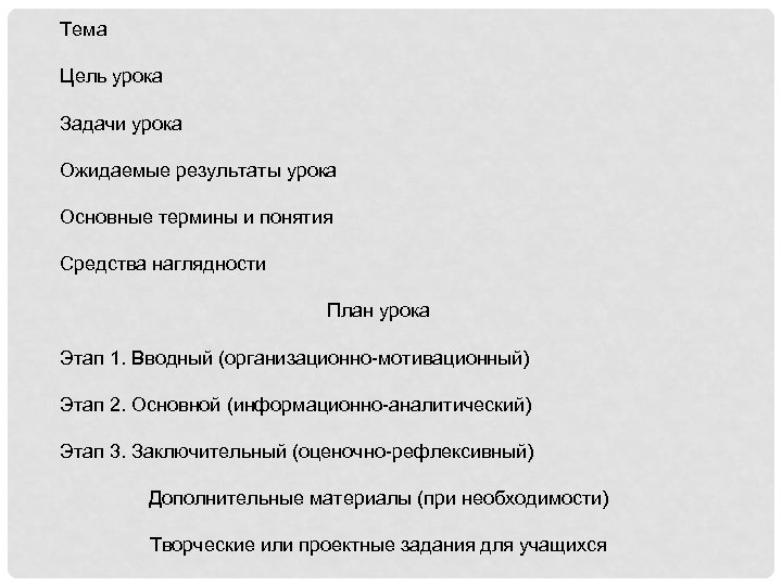 Тема Цель урока Задачи урока Ожидаемые результаты урока Основные термины и понятия Средства наглядности
