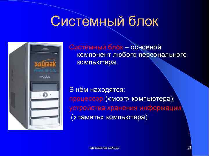 Системный блок – основной компонент любого персонального компьютера. В нём находятся: процессор ( «мозг»