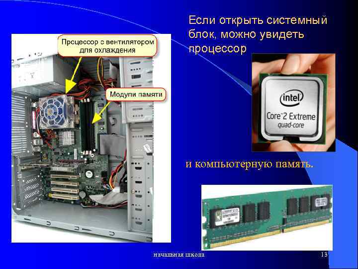 Если открыть системный блок, можно увидеть процессор и компьютерную память. начальная школа 13 