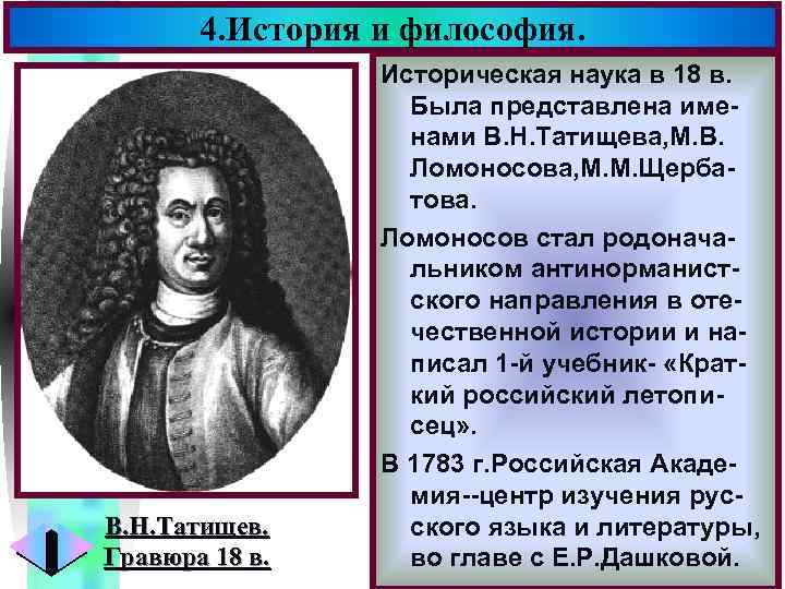 4. История и философия. В. Н. Татищев. Гравюра 18 в. Меню Историческая наука в