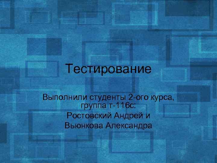 Тестирование Выполнили студенты 2 -ого курса, группа т-116 с: Ростовский Андрей и Вьюнкова Александра