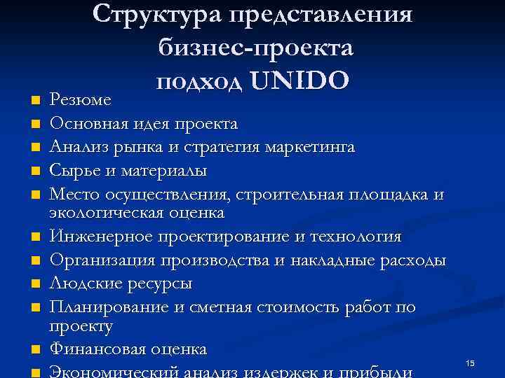 n n n Структура представления бизнес-проекта подход UNIDO Резюме Основная идея проекта Анализ рынка
