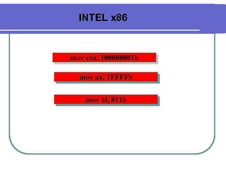 INTEL x 86 mov eax, 100000001 h mov ax, 1 FFFFh mov al, 811