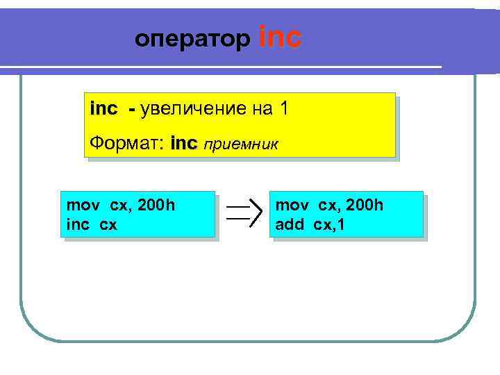 оператор inc - увеличение на 1 Формат: inc приемник mov cx, 200 h inc