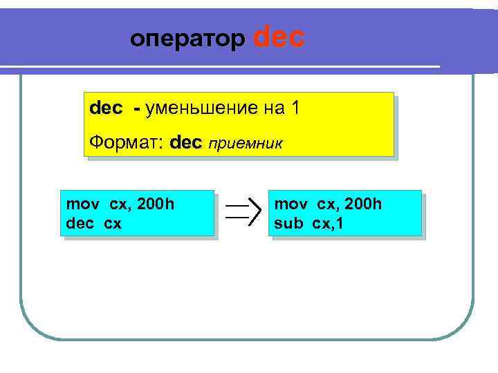 оператор dec - уменьшение на 1 Формат: dec приемник mov cx, 200 h dec