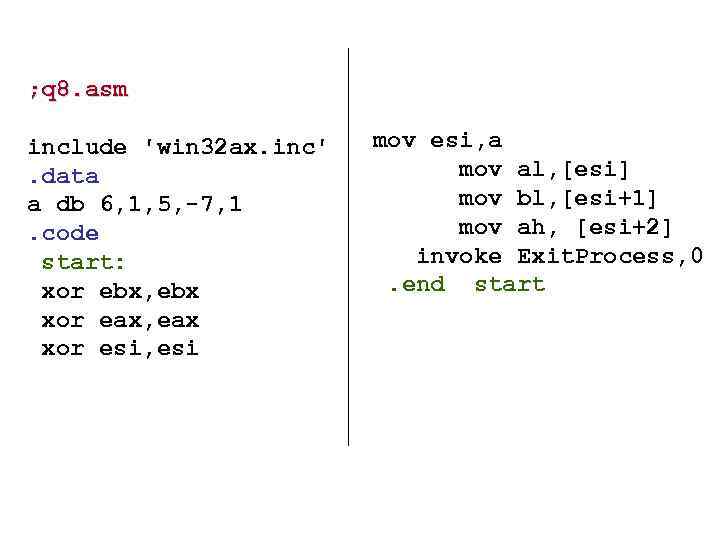 ; q 8. asm include 'win 32 ax. inc'. data a db 6, 1,
