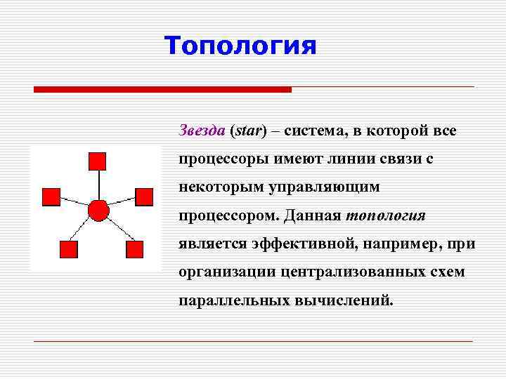 Топология Звезда (star) – система, в которой все процессоры имеют линии связи с некоторым