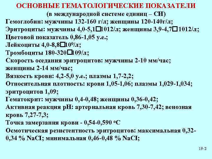 ОСНОВНЫЕ ГЕМАТОЛОГИЧЕСКИЕ ПОКАЗАТЕЛИ (в международной системе единиц – СИ) Гемоглобин: мужчины 132 -160 г/л;