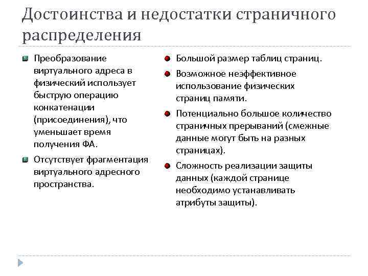 Достоинства и недостатки страничного распределения Преобразование виртуального адреса в физический использует быструю операцию конкатенации