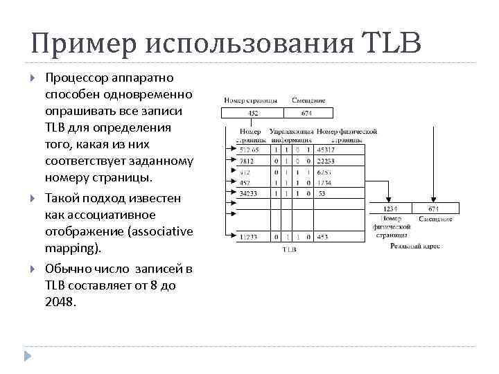 Пример использования TLB Процессор аппаратно способен одновременно опрашивать все записи TLB для определения того,