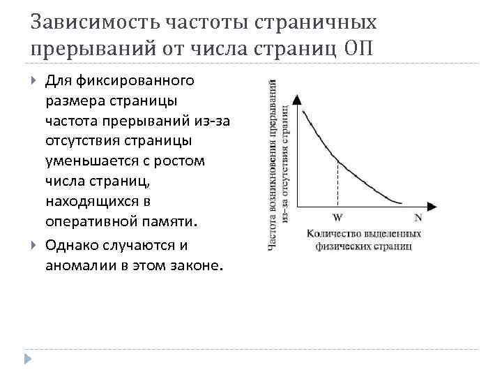 Зависимость частоты страничных прерываний от числа страниц ОП Для фиксированного размера страницы частота прерываний