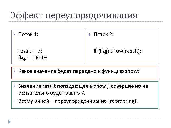 Эффект переупорядочивания Поток 1: result = 7; flag = TRUE; Поток 2: if (flag)