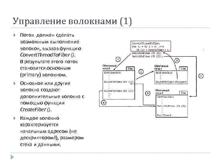 Управление волокнами (1) Поток должен сделать возможным выполнение волокон, вызвав функцию Convert. Thread. To.