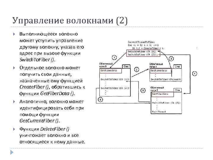 Управление волокнами (2) Выполняющееся волокно может уступить управление другому волокну, указав его адрес при