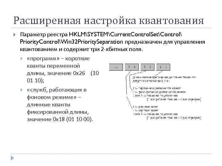 Расширенная настройка квантования Параметр реестра HKLMSYSTEMCurrent. Control. SetControl Priority. ControlWin 32 Priority. Separation предназначен