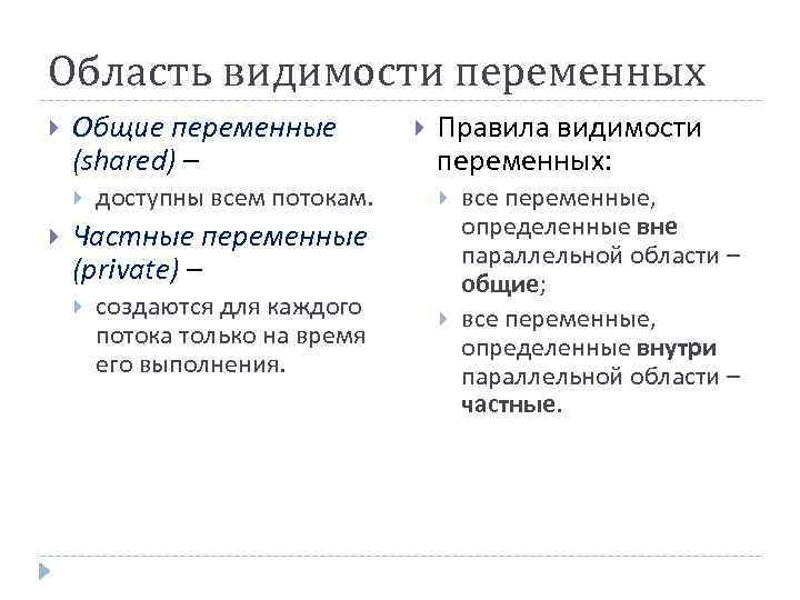 Область видимости переменных Общие переменные (shared) – доступны всем потокам. Правила видимости переменных: Частные