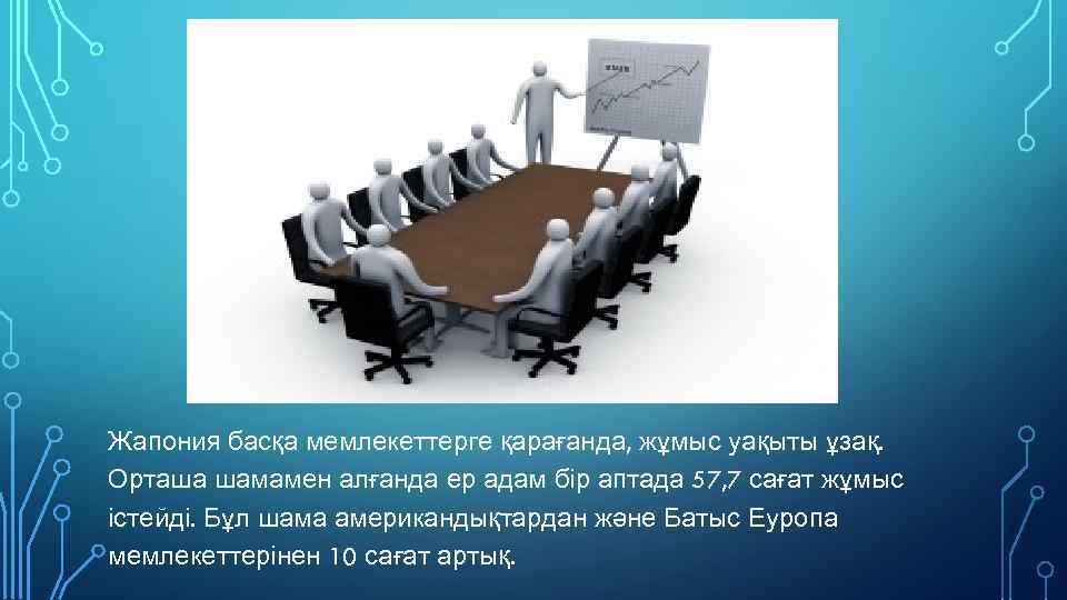 Жапония басқа мемлекеттерге қарағанда, жұмыс уақыты ұзақ. Орташа шамамен алғанда ер адам бір аптада