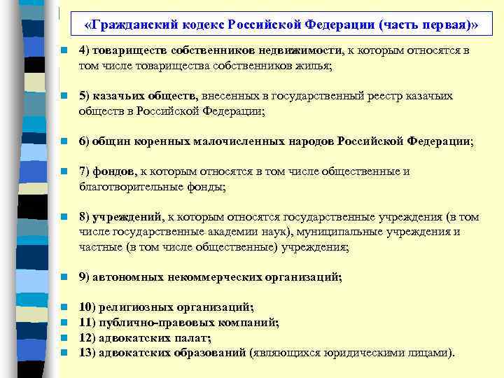  «Гражданский кодекс Российской Федерации (часть первая)» n 4) товариществ собственников недвижимости, к которым