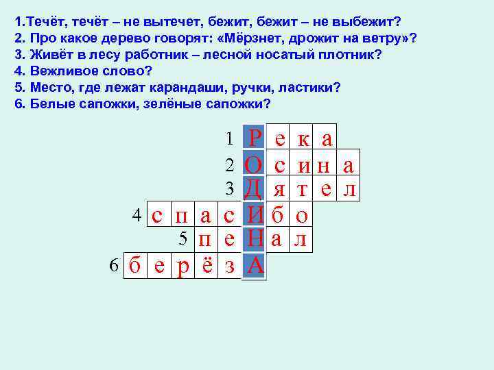 1. Течёт, течёт – не вытечет, бежит – не выбежит? 2. Про какое дерево
