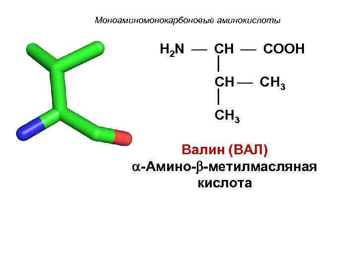 Моноаминомонокарбоновые аминокислоты H 2 N CH COOH CH 3 Валин (ВАЛ) -Амино- -метилмасляная кислота