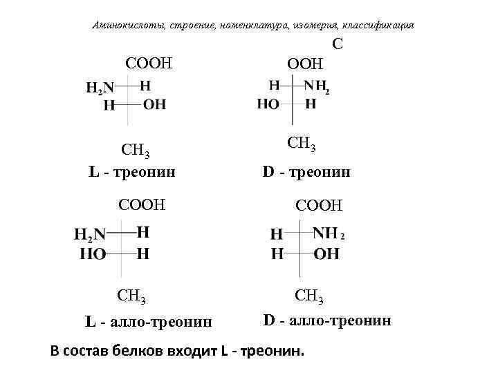 Аминокислоты, строение, номенклатура, изомерия, классификация C COOH CH 3 L - треонин COOH CH