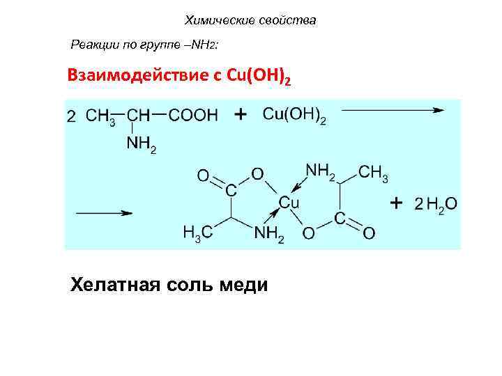 Химические свойства Реакции по группе –NH 2: Взаимодействие с Cu(OH)2 Хелатная соль меди 