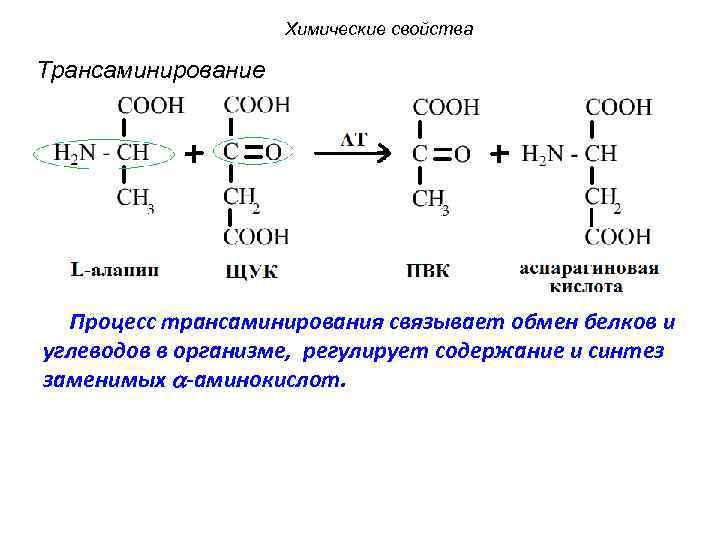 Химические свойства Трансаминирование Процесс трансаминирования связывает обмен белков и углеводов в организме, регулирует содержание