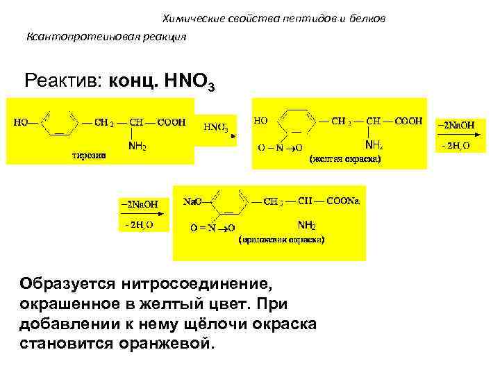 Химические свойства пептидов и белков Ксантопротеиновая реакция Реактив: конц. HNO 3 Образуется нитросоединение, окрашенное