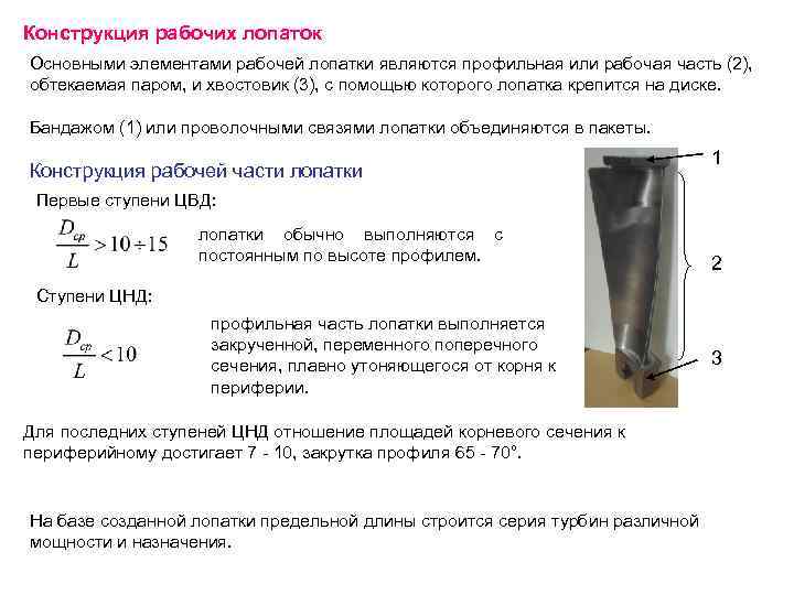 Конструкция рабочих лопаток Основными элементами рабочей лопатки являются профильная или рабочая часть (2), обтекаемая