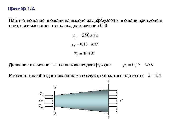 Пример 1. 2. Найти отношение площади на выходе из диффузора к площади при входе