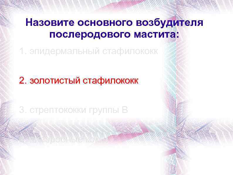 Назовите основного возбудителя послеродового мастита: 1. эпидермальный стафилококк 2. золотистый стафилококк 3. стрептококки группы