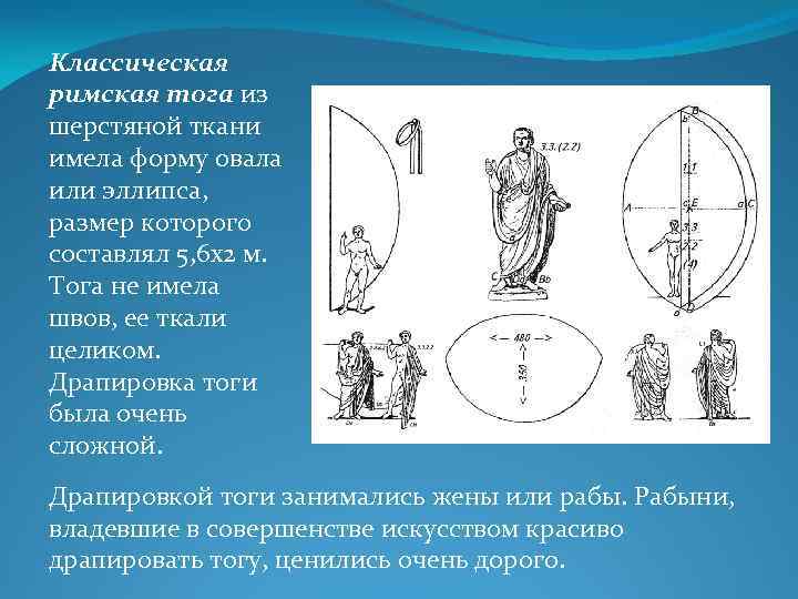 Классическая римская тога из шерстяной ткани имела форму овала или эллипса, размер которого составлял