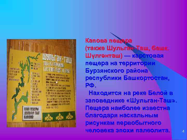 Капова пещера (также Шульган-Таш, башк. Шүлгәнташ) — карстовая пещера на территории Бурзянского района республики