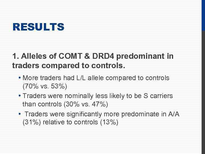 RESULTS 1. Alleles of COMT & DRD 4 predominant in traders compared to controls.