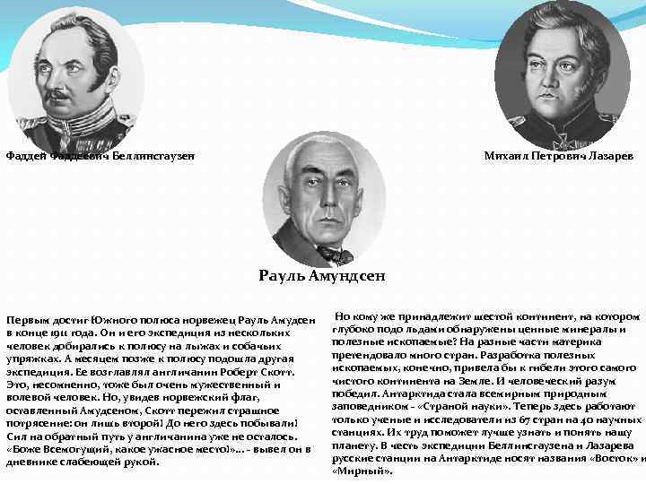 Фаддей Фаддеевич Беллинсгаузен Михаил Петрович Лазарев Рауль Амундсен Первым достиг Южного полюса норвежец Рауль