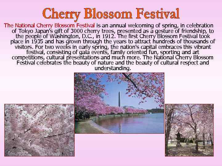 The National Cherry Blossom Festival is an annual welcoming of spring, in celebration of